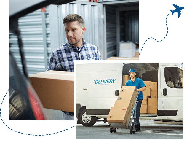 Delivery Man Pushes Hand Truck Trolley Full of Cardboard Boxes Hands Package to a Customer